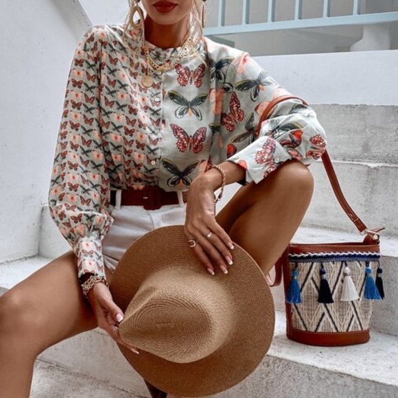 BOHO DOLLZ Butterfly Print Button Front Blouse - Picture 3 of 8